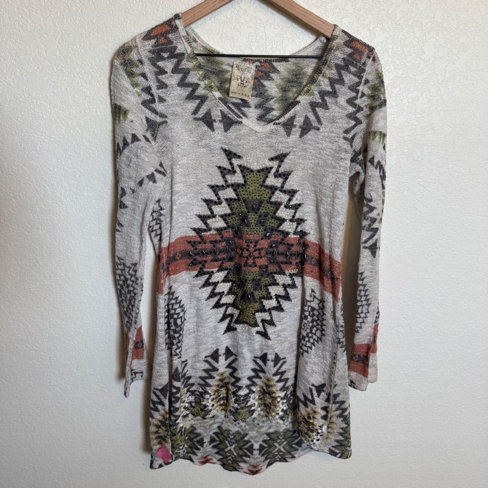 Boho Western Vocal Embellished Southwestern Tunic Sweater Small Gray